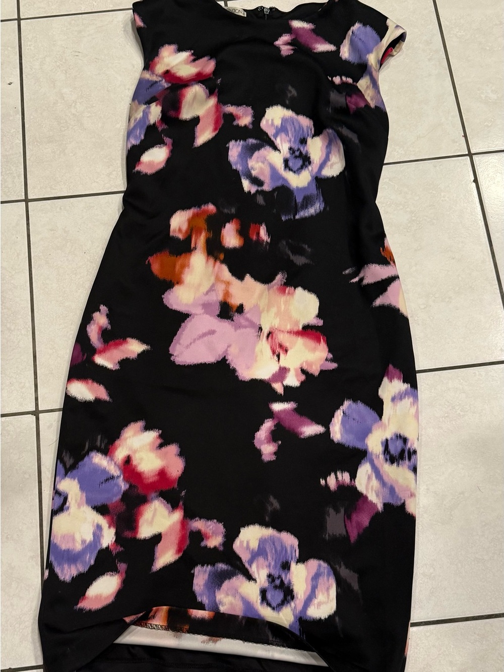 Maggy London Black Midi Dress with Pink, Purple & Cream Floral Print